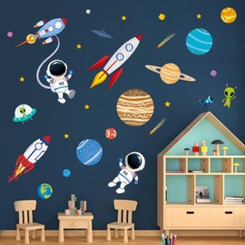 Decalmile - Calcomanías de pared para el espacio exterior, planetas de cohetes, astronautas, calcomanías de pared para bebé, cuarto de juegos, decoración de pared