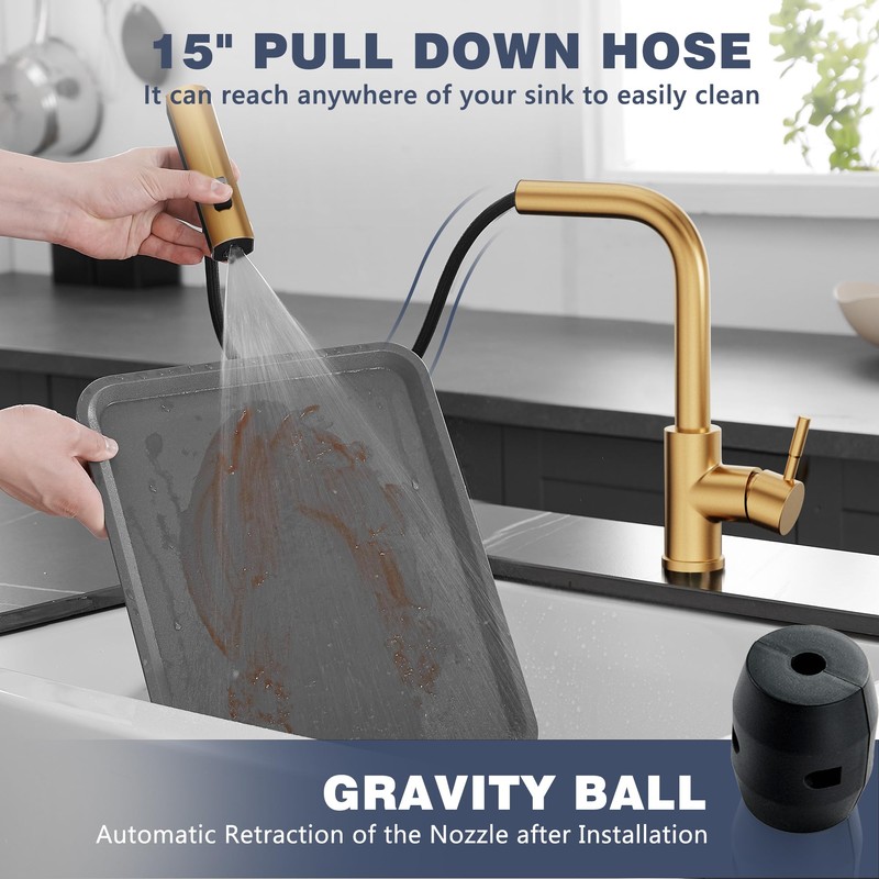 GIMILI Brushed Gold Kitchen Faucet with Pull Down Sprayer, Waterfall