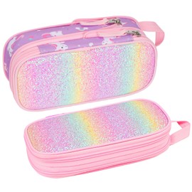 Bagseri Pencil Case for Girls - Expandable Cute Pencil Pouch for Kids Special Pencil Box Large Capacity Pencil Bag Organizer for School (Glitter Purple Unicorn)