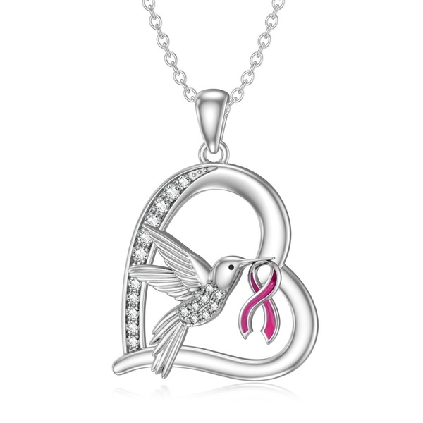 PROESS Kolibri Halskette 925 Sterling Silber Brustkrebs Bewusstsein Anhänger Kette
