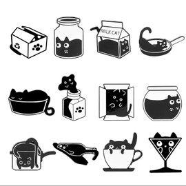 TELAIN 12 Pieces Black Cat Enamel Pins Kawaii Anime Animals Creative Metal Kitten Brooches for Backpack Hat Jackets Bags Clothes Accessories Gifts