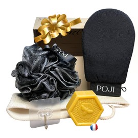 Badebox: 1 x Kessa Peeling-Handschuh für den Körper, Schwarz, 1 x Duschblume, 1 x Badegurt, 1 x Wandhaken, 1 x feste Naturseife, Geschenkidee