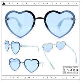SA106 Womens Retro Rimless Heart Shape Metal Rim Sunglasses - Silver Blue - Blue