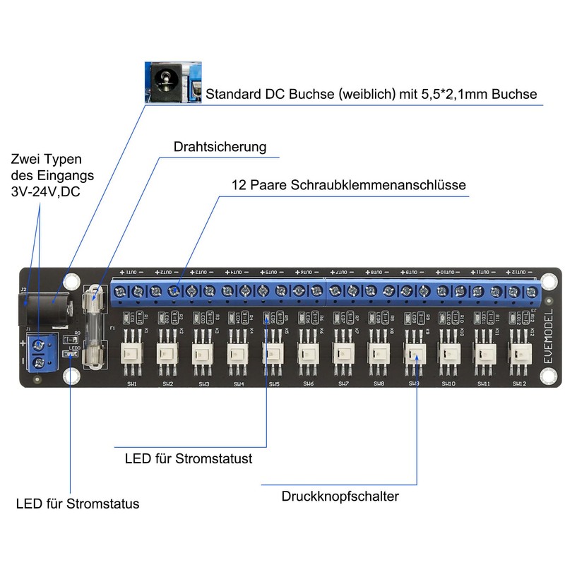 Evemodel 1 set 3-24V DC 12-switch control power distributor switch
