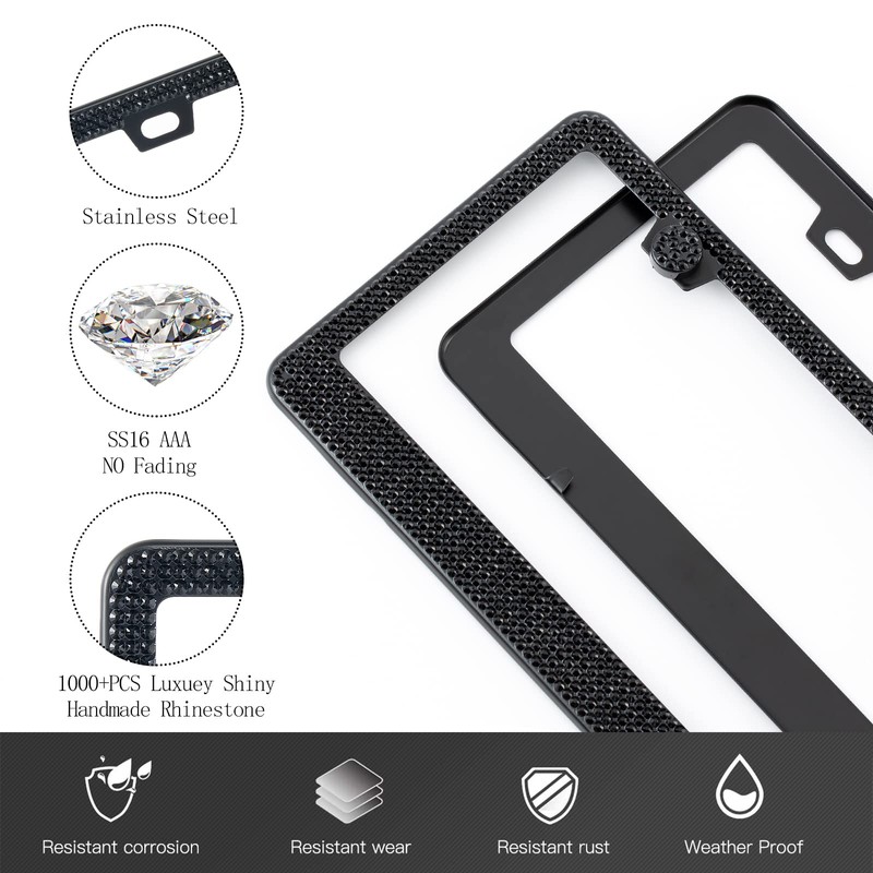 FIISFIIS Bling License Plate Frame for Women,2 Pack Premium Stainless