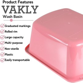 Vakly Wash Basins – Rectangular Plastic Hospital Bedside Soaking Tub - Small 7 Qt Graduated Bucket - Portable Washbasin for Washing, Cleaning, Foot Bath, Dishes, Face Cleansing Bowl (2, Pink)