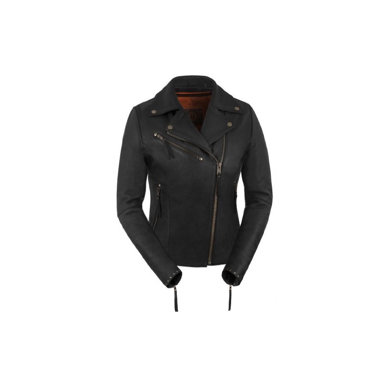 True Element Womens Premium Riveted Asymmetrical Motorcycle Leather Jacket (Black,