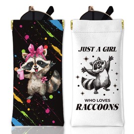 GLOBLELAND 2Pcs Cute Raccoon Soft Glasses Case for Adult Colorful Animals Travel PU Leather Glasses Bag Squeeze Top Eyeglass Case Portable Sunglasses Pouch for Men Women Watches Phones Makeup Brushes
