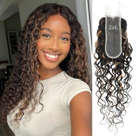 ALHER Highlight Ombre Water Wave 2x6 HD Lace Closure Only, #1B/27 Black and Blonde Highlight Wet n Wavy Curly Invisible 2x6 Kim K Long Deep Middle Part Lace Closure Single Knot Human Hair 18 Inch