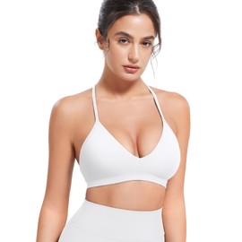 HIGORUN Workout Sports Bras for Women Backless Padded V Neck Strappy Bra Low Impact Y Back Gym Yoga Tops White