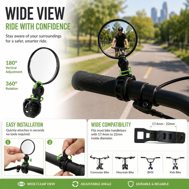 Bicycle Rearview Mirror for Safer Riding – 360° Adjustable Convex