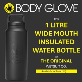 BODY GLOVE 34oz Insulated Stainless Steel Water Bottle, 1L Thermal Flask with Easy Cary Handle for Sports, Work, School (BLACK/34oz)