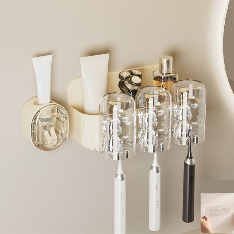 Cute Bear Toothbrush Shelf with Automatic Toothpaste Squeezer Plastic Punch