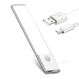 Compuaddict - LED Under Cabinet Lights Rechargeable Lighting for Kitchen, Bedroom, Staircase Motion Sensor Light Indoor and Easy Installation Wireless (Silver)