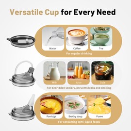 AKIMRABY Adult Sippy Cup, 14oz Spill Proof Cup with Straw for Elderly, 3 in 1 Stainless Steel Sippy Cup with 2 Lids, No Spill Feeding Cups for Patient Disabled Maternity Drink Water Milk Soup - White