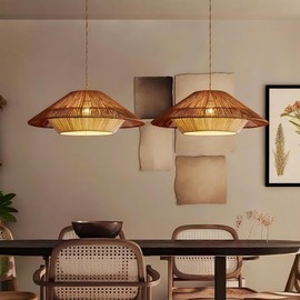 LIGHTLAND 19.7 Inch Bohemian Rattan Pendant Light, Twine Woven Chandelier, Wabi-sabi Style Handwoven Chandelier for Dining Room, Kitchen Island, Living Room