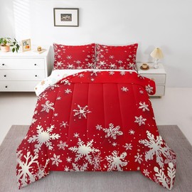 Erosebridal Merry Christmas Comforter Set Twin Size, Christmas Snowflake Bedding Set for Kids Boys Girls Women, Xmas Decor Duvet Insert Red Soft Microfiber Down Comforter with 1 Pillow Case, Red