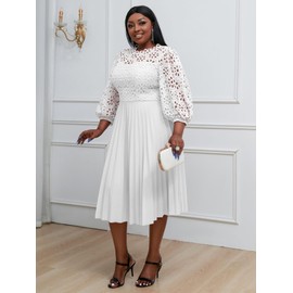 AOMEI Women's Elegant Lace Patchwork A-line Midi Pleated Hollow Out Lantern Sleeve Dress (White,X-Large)