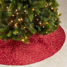 Elegant Gold Embroidery Burgundy Christmas Tree Skirt, 52 Inch Round, One Piece