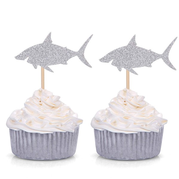 Pack of 24 Silver Shark Cupcake Toppers Boy's Birthday Party Decorations