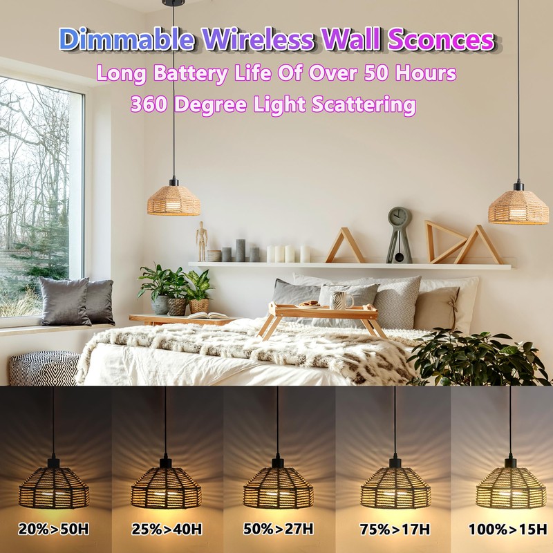 HIFCTRN Battery Operated Pendant Light Set of 2,Rechargeable Hanging Light
