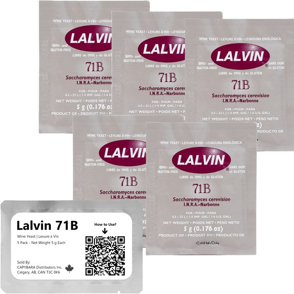 Lalvin 71B Wine Yeast (5 Pack) - Make Wine Cider Mead Kombucha At Home - 5 g Sachets - Saccharomyces cerevisiae - Sold by CAPYBARA Distributors Inc.
