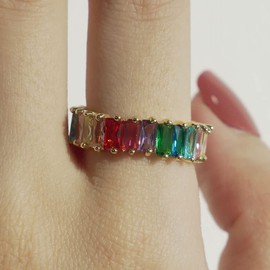 Michooyel Eternity Rainbow Ring Band Ring for Women Girls 18K Gold Plated Baguette Multicolor Cubic Zirconia Eternity Ring