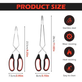 Kakalote 2Pcs Scissor Cooking Tongs, 9/11inch Stainless Steel, Black+red, Non-slip Kitchen Tongs for BBQ, Baking, Cooking