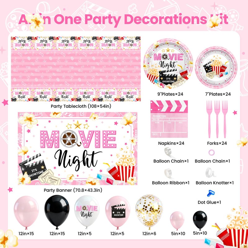 Pink Movie Night Party Decorations Tableware Set Serve 24