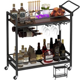 LAATOOREE Bar Cart, Two-Color Home Bar Serving Cart, Mobile Drink Beverage Cart with 2 Storage Shelves, Rolling Kitchen Cart with Wine and Glass Holder, for Dinning Room, Living Room, Kitchen