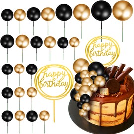 Juego de 25 mini bolas coloridas para decoración de tartas, redondas, acrílicas, para cumpleaños, decoración de tartas de feliz cumpleaños (negro, dorado)