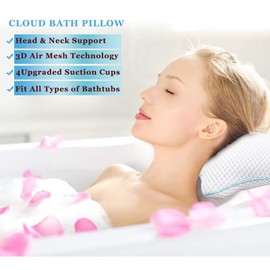 Non Slip Bath Pillow, Luxury Spa Bathtub Head & Neck Rest Support, Permeable Quick Drying Air Mesh Tub Pillow with 4 Large Suction Cups, Fits Any Tubs, Soft and Relaxing
