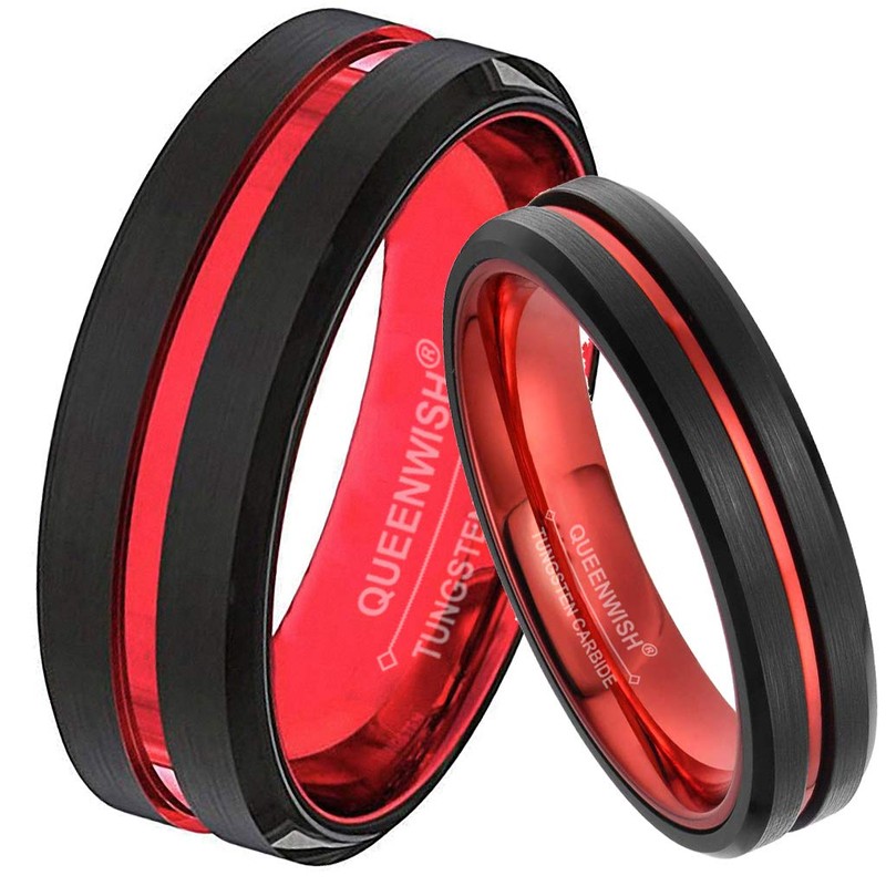 QUEENWISH 8mm Red&Black Tungsten Carbide Ring Mens Two Tone Wedding