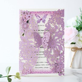 Hosmsua 20 x Purple Glitter Laser Cut Lace Flora Wedding Invitation Cards with Butterfly and Envelopes for Birthday Bridal Shower Engagement Birthday Wedding Invitations (Pack of 20)