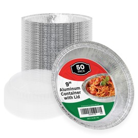 Klex 9" Round Aluminum Foil Pans with Clear Dome Lids for Cooking, Baking, Reheating, Disposable Takeout Pans (9 Inch / 50 Sets)