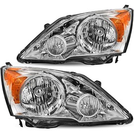 JSBOYAT Headlight Assembly Pair Replacement for 2007-2011 Honda CR-V Front Headlamp Chrome Housing with Amber Reflector (Driver & Passenger Side)