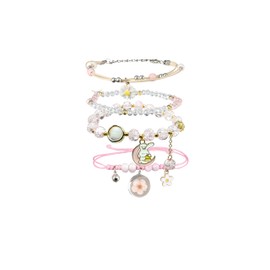 ZYLLGLOW 4 PCS Kawaii Crystal Pearl Bracelet Set - Cute Anime Elastic Beaded Bracelets for Girls and Women. Adjustable Charm Bracelets Perfect Birthady Gift for Friends and Teens.