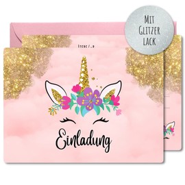 12 x Invitation Cards + Envelopes Children's Birthday Party - Cute Cards with Unicorn Motif - The Glitter Cards are the Perfect Invitation to a Birthday Party - for Real Unicorn Fans, Pink, Gold,