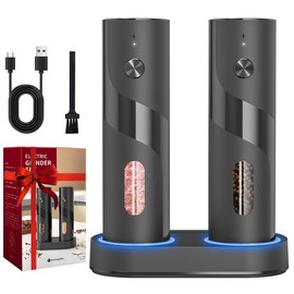 Vorisebo Electric Salt and Pepper Grinder Set Rechargeable with Easy to Carry Charging Base and LED Light, Adjustable Coarseness, Greater Capacity, USB for Kitchen, Restaurant