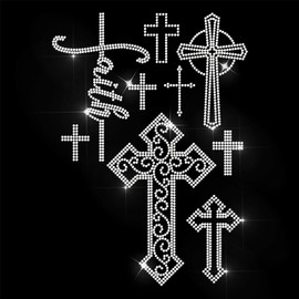 ANATTASOUL White Rhinestone Iron on Transfer Cross Bling Diamond Hotfix Patches for Clothes, Large Iron On Sequin Applique for Jeans Jacket Caps Bag T-Shirts Shoes DIY Decor