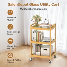 SalonDepot Glass Rolling Cart with 3-Tier Storage Design Shelves, Rolling Serving Cart on Wheels Wood Color for Dining Room, Living Room, Beauty Shop, and Salon