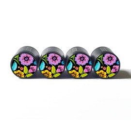 Flower Bouquet (Style 5) Tire Valve Caps - Black Aluminum - Set of Four