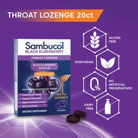 Sambucol Black Elderberry Throat Lozenge - Sambucus Elderberry Lozenges With Vitamin C, Zinc & Honey, Helps Soothe a Scratchy Throat, High Antioxidants, Gluten-Free - 20 Count