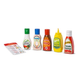 Melissa & Doug 5-Piece Favorite Condiments Play Food Set Play Ketchup and Mustard Bottles, Pretend Food Set for Kids Ages 3+