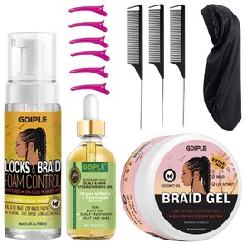 Extra Hold Styling Gel and Mousse for Braids, Twists, Locs, Cornrows - Frizz Taming, Smoothing & Edge Control with Rosemary Hair Growth Oil (Bonus: Hair Combs, Bonnet, Clips)