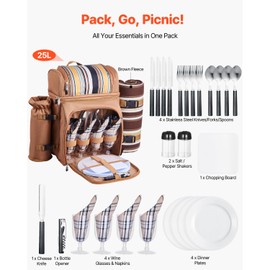 Happybuy Brown Picnic Backpack: Your All - in - One Outdoor Dining Solution. Sized for Four, This Backpack Comes with an Insulated Cooler, Detachable Bottle/Wine Holder.