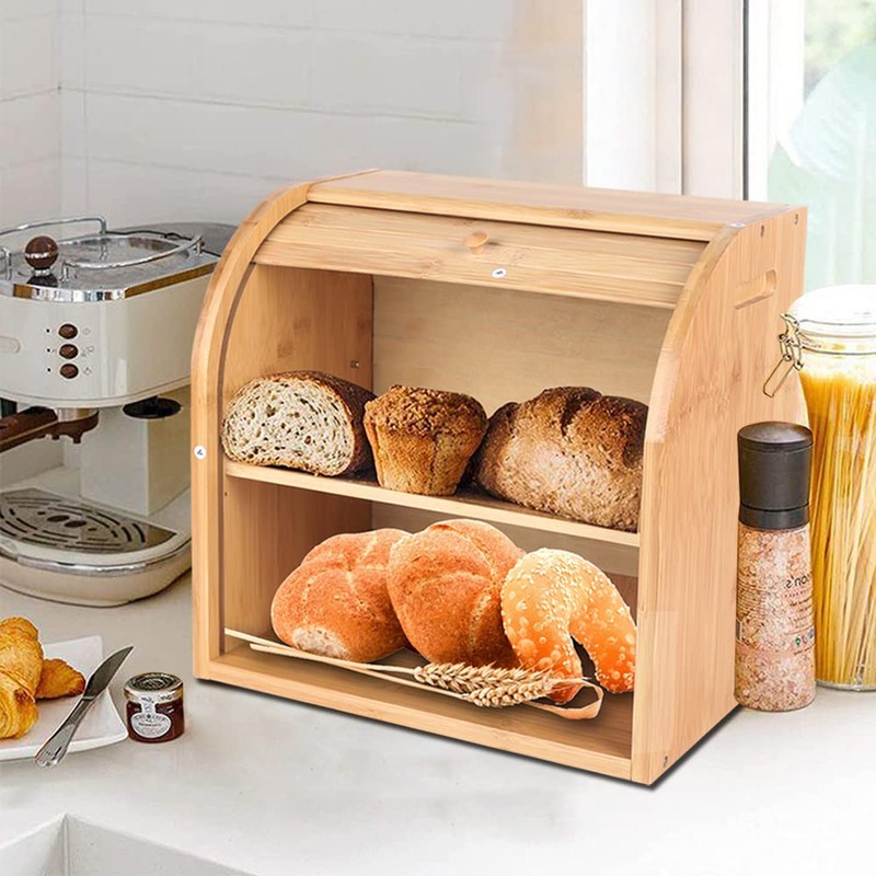 WANLECY Bamboo Bread Box, 2 Layer Bread Bin for Kitchen