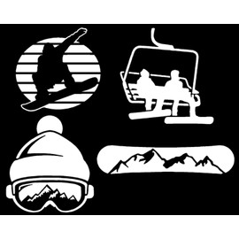 Snowboarding Decal 4 Pack: Snowboard Mountain, Goggles Beanie, Chairlift, Silhouette (Small ~3.5", White)