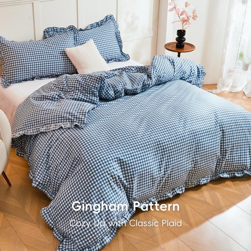 100% Cotton Ruffle Gingham Duvet Cover Sets Classic Checkered Queen