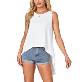 Rooscier Women's High Low Hem Sleeveless Round Neck Split Back Loose Flowy Cami Tank Top White X-Large